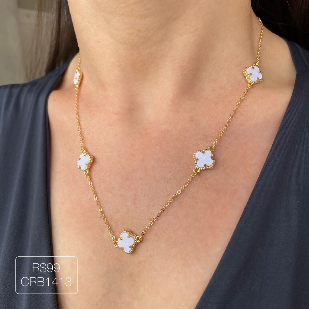 Colar V@n Cleef c/ 5 Pingente P Madre Dourado